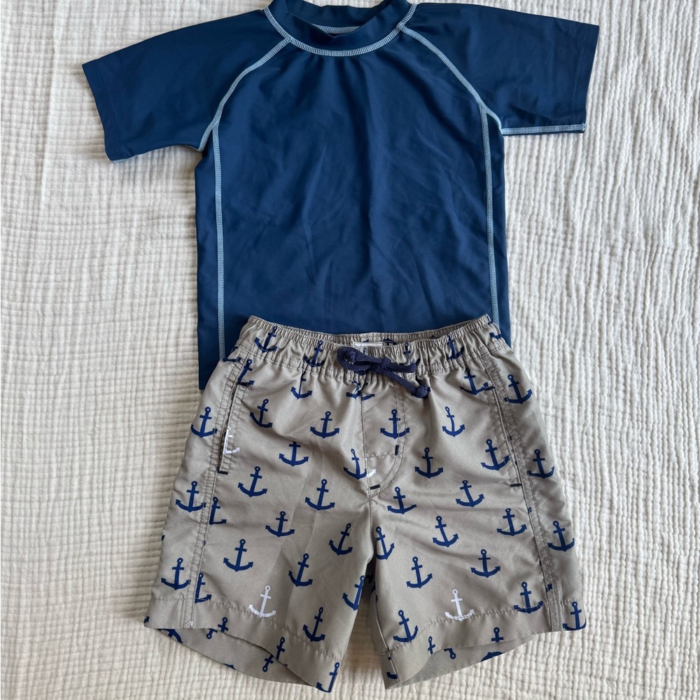 Hatley Blue and Tan Rashguard Swim Set Nautical-Inspired